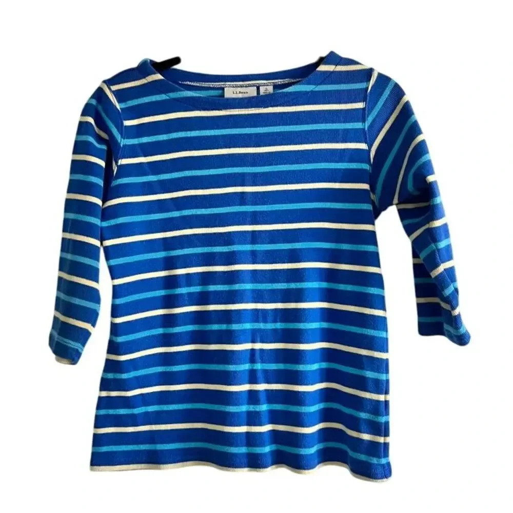 LL Bean Sweater, women's Size S, striped‎ blue and beige.
